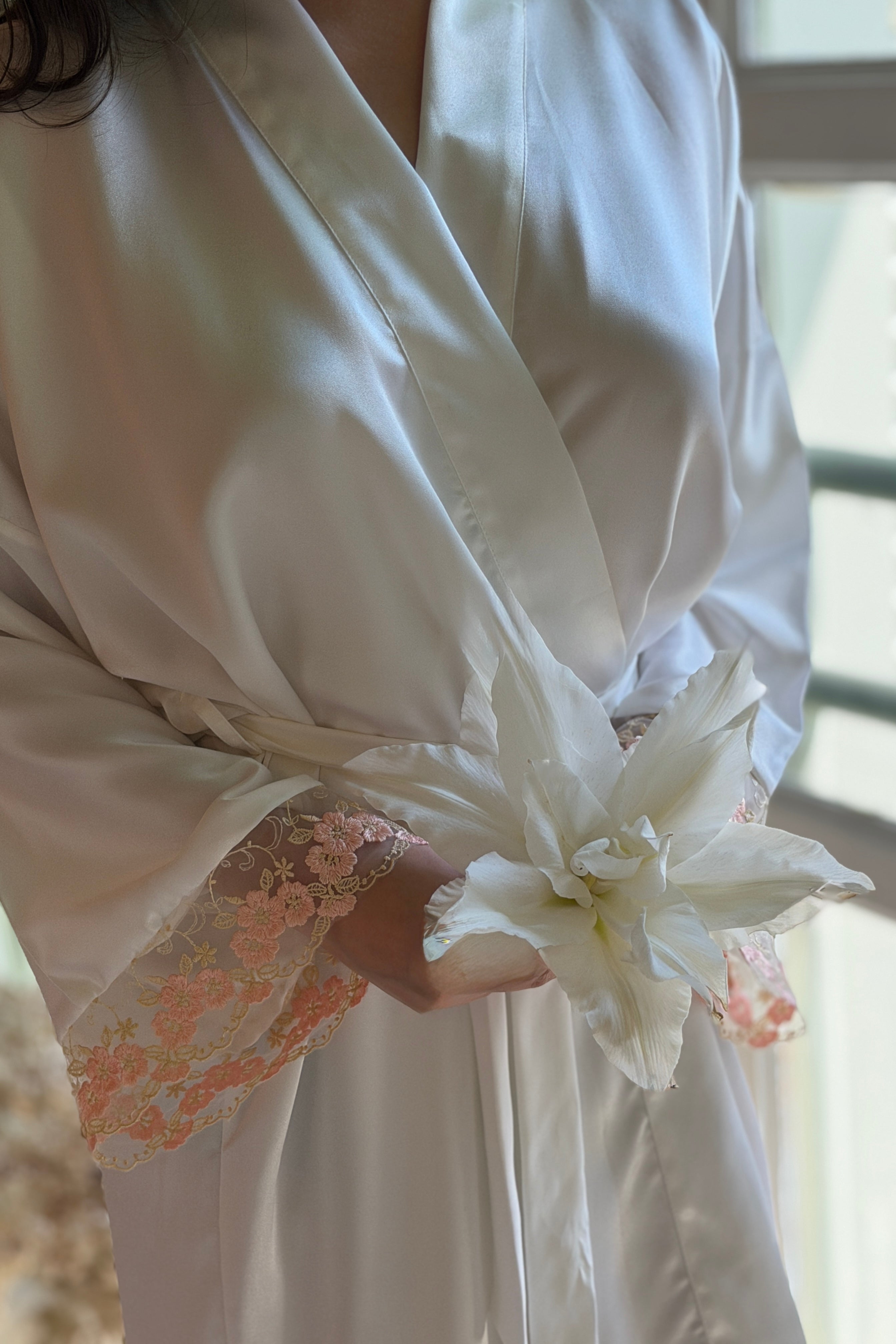 Aimee Lace Trim Silk Robe (Pink) - Bells & Birds