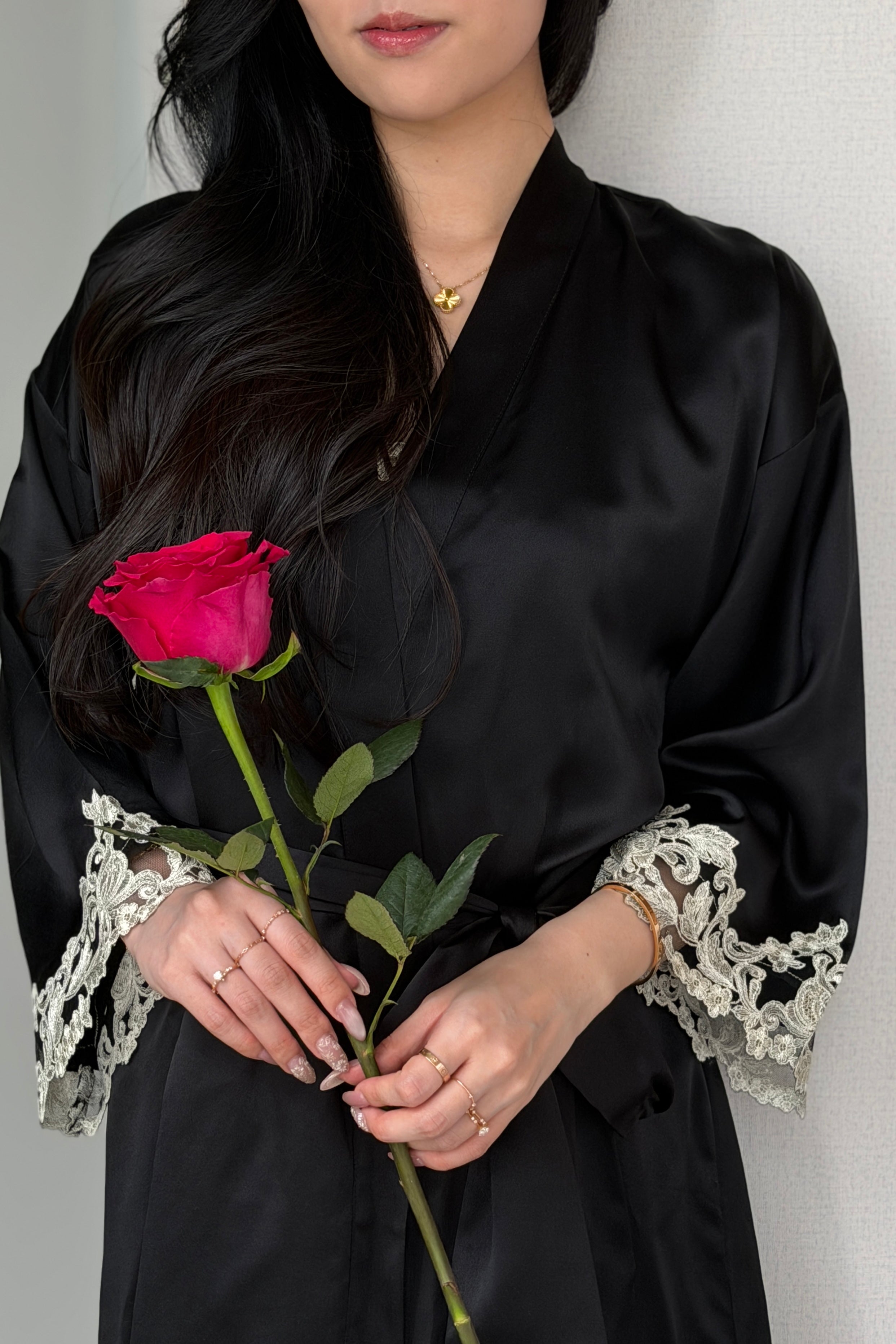 Florentine Mulberry Silk Robe (Black) - Bells & Birds
