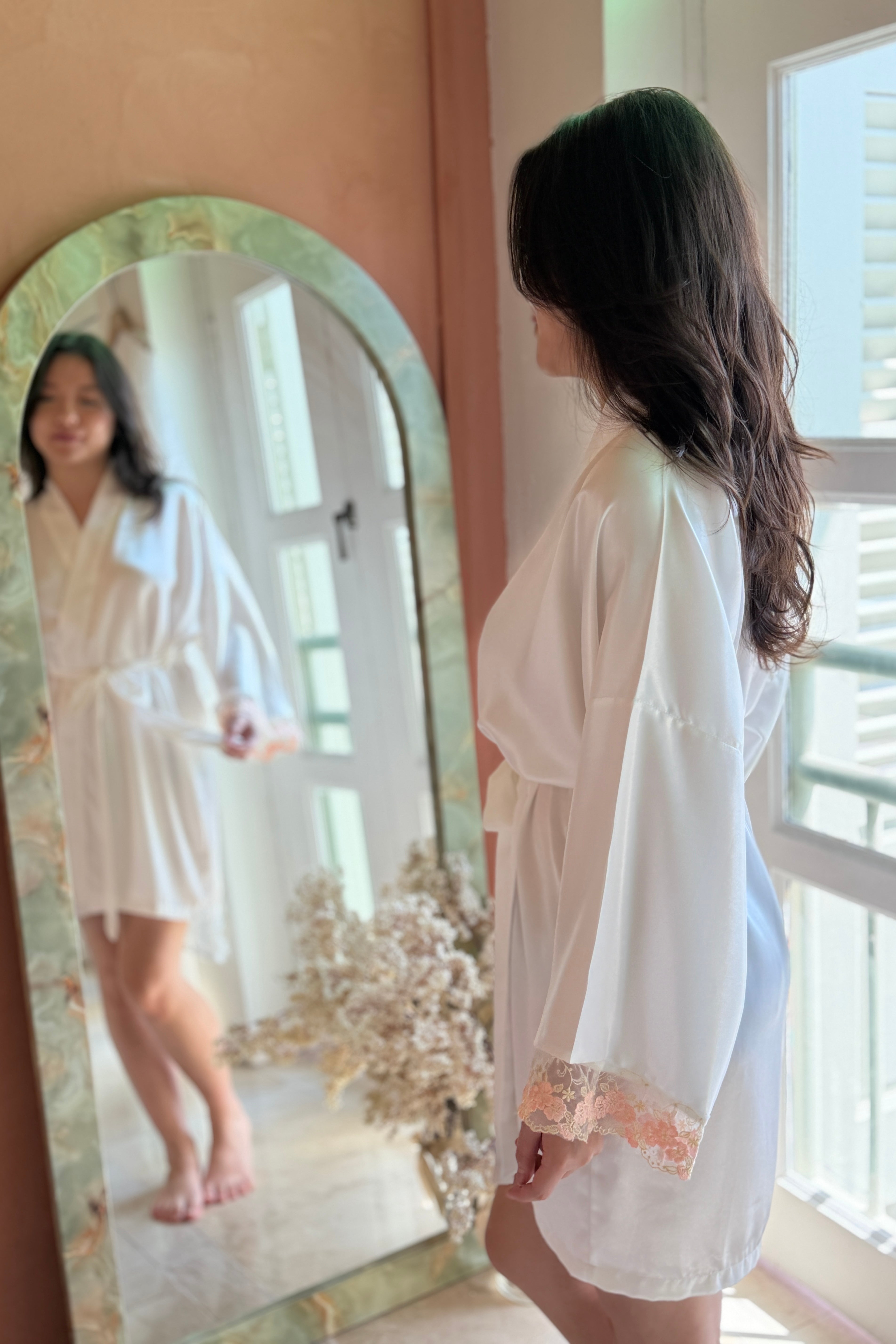Aimee Lace Trim Silk Robe (Pink) - Bells & Birds