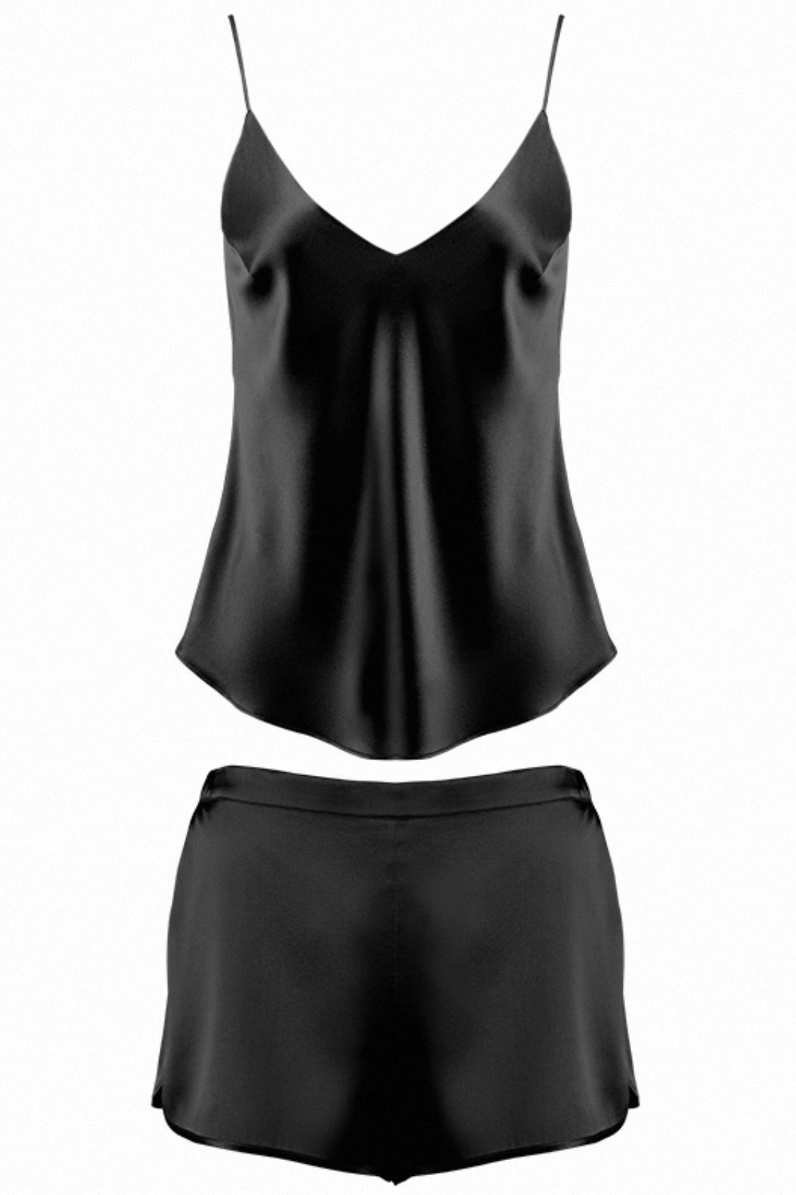 V-Neck Satin Cami Set (Black) - Bells & Birds