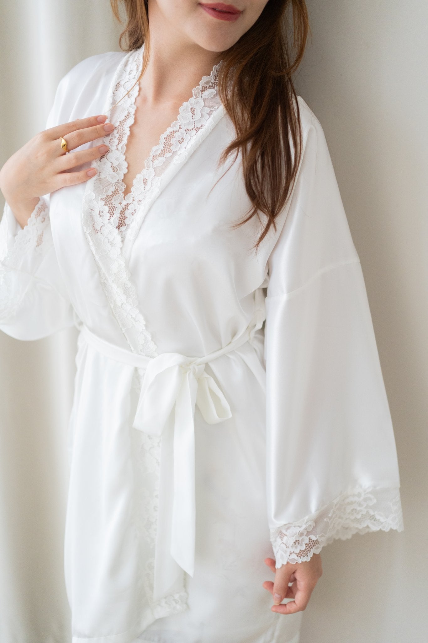 Aimee Lace Trim Silk Robe (White) - Bells & Birds