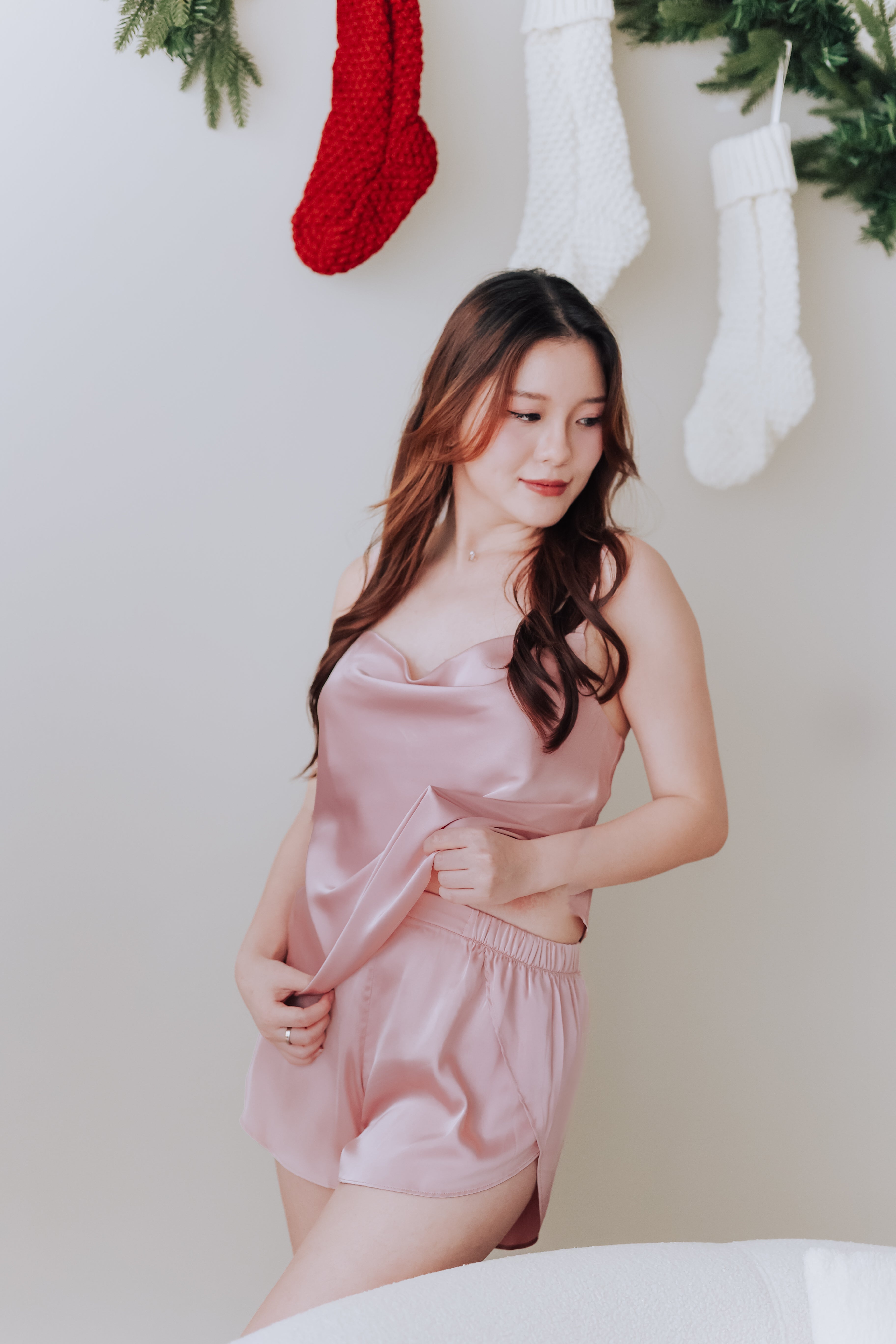 Cowl Neck Satin Cami Set (Pink)