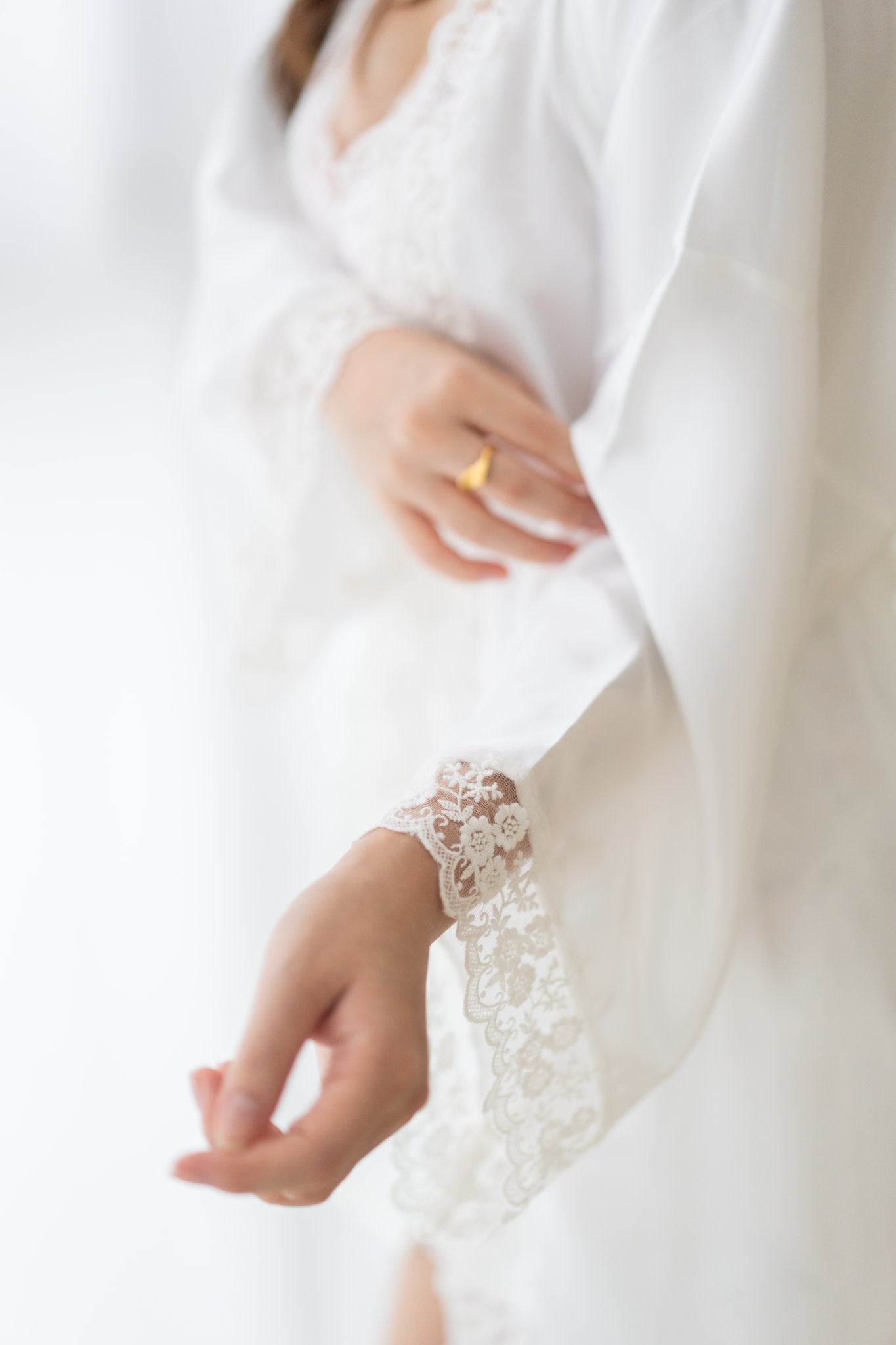 Aimee Lace Trim Silk Robe (White) - Bells & Birds