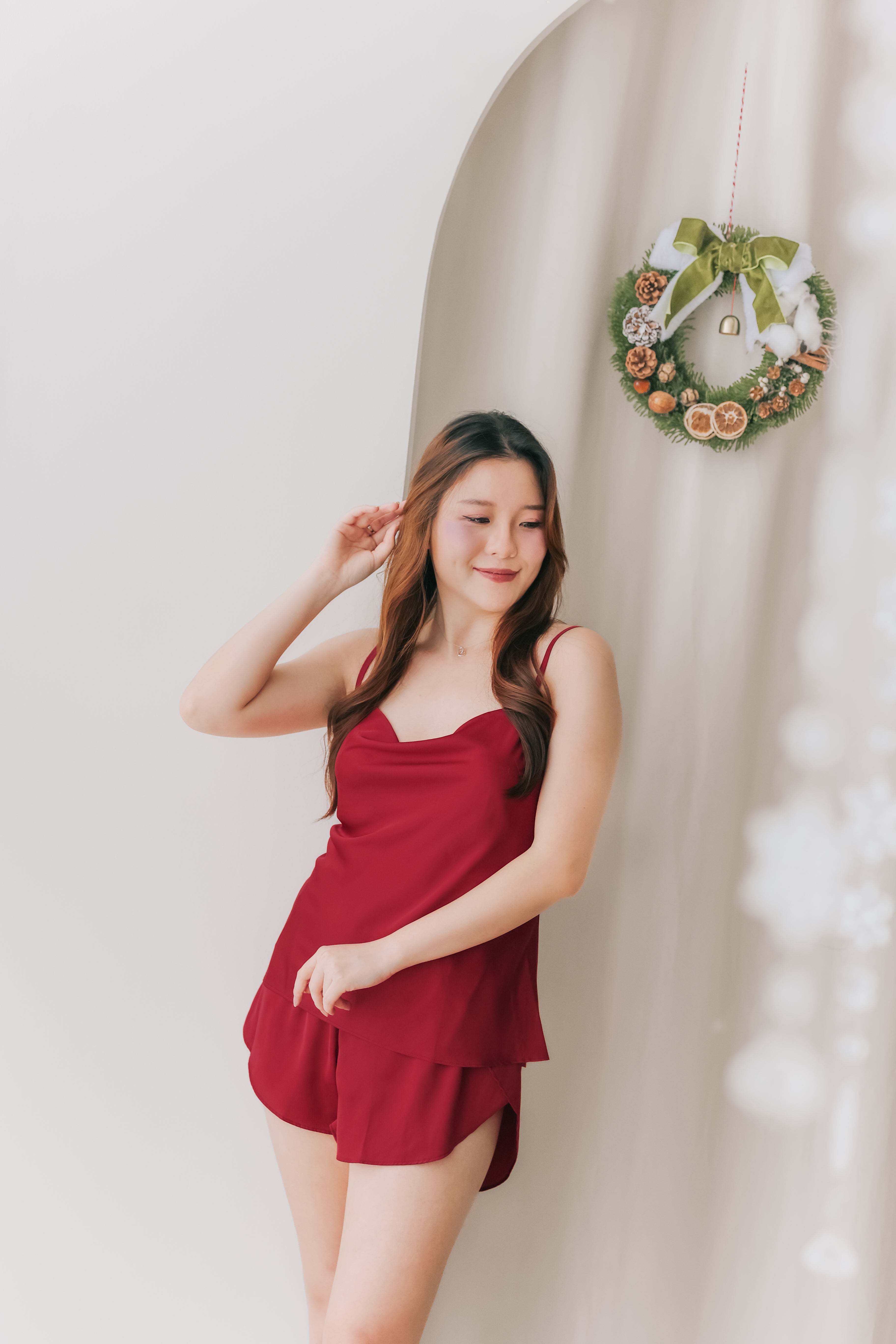 Cowl Neck Satin Cami Set (Wine Red)