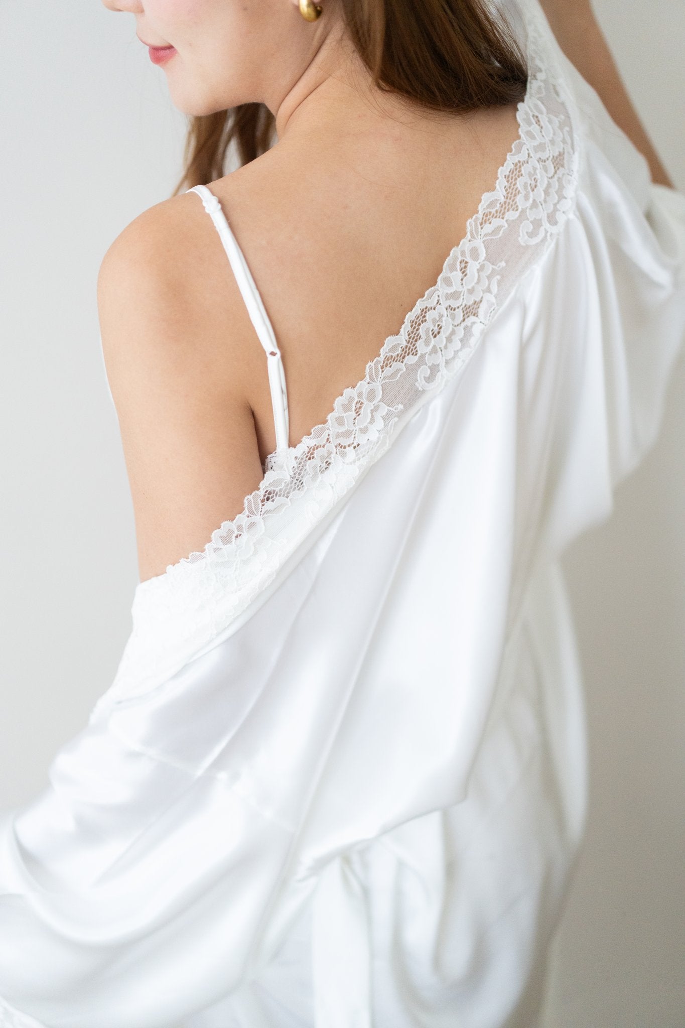 Aimee Lace Trim Silk Robe (White) - Bells & Birds