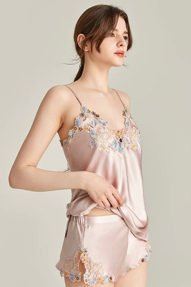 Florentine Mulberry Silk Cami Set (Rose) - Bells & Birds