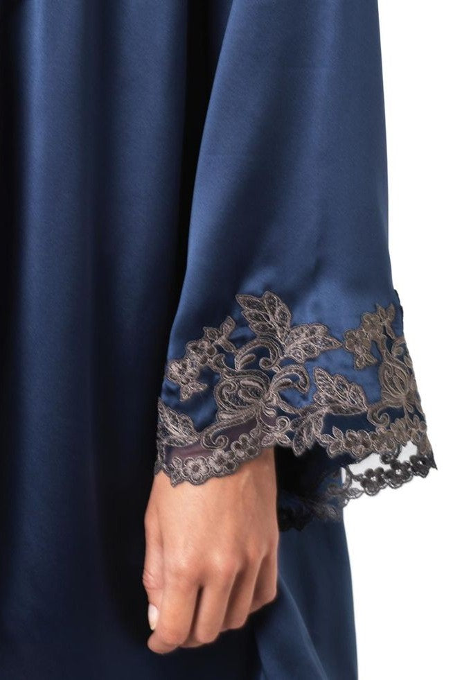 Florentine Mulberry Silk Robe (Navy) - Bells & Birds