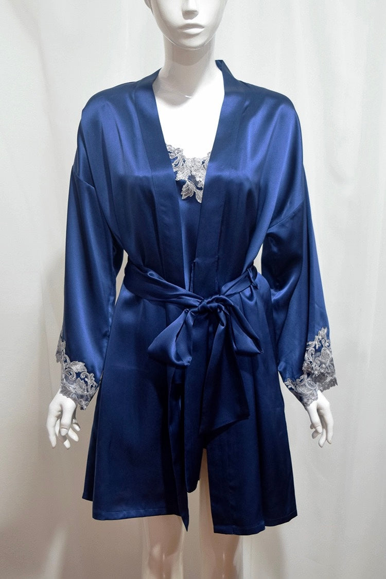 Florentine Mulberry Silk Robe (Navy) - Bells & Birds