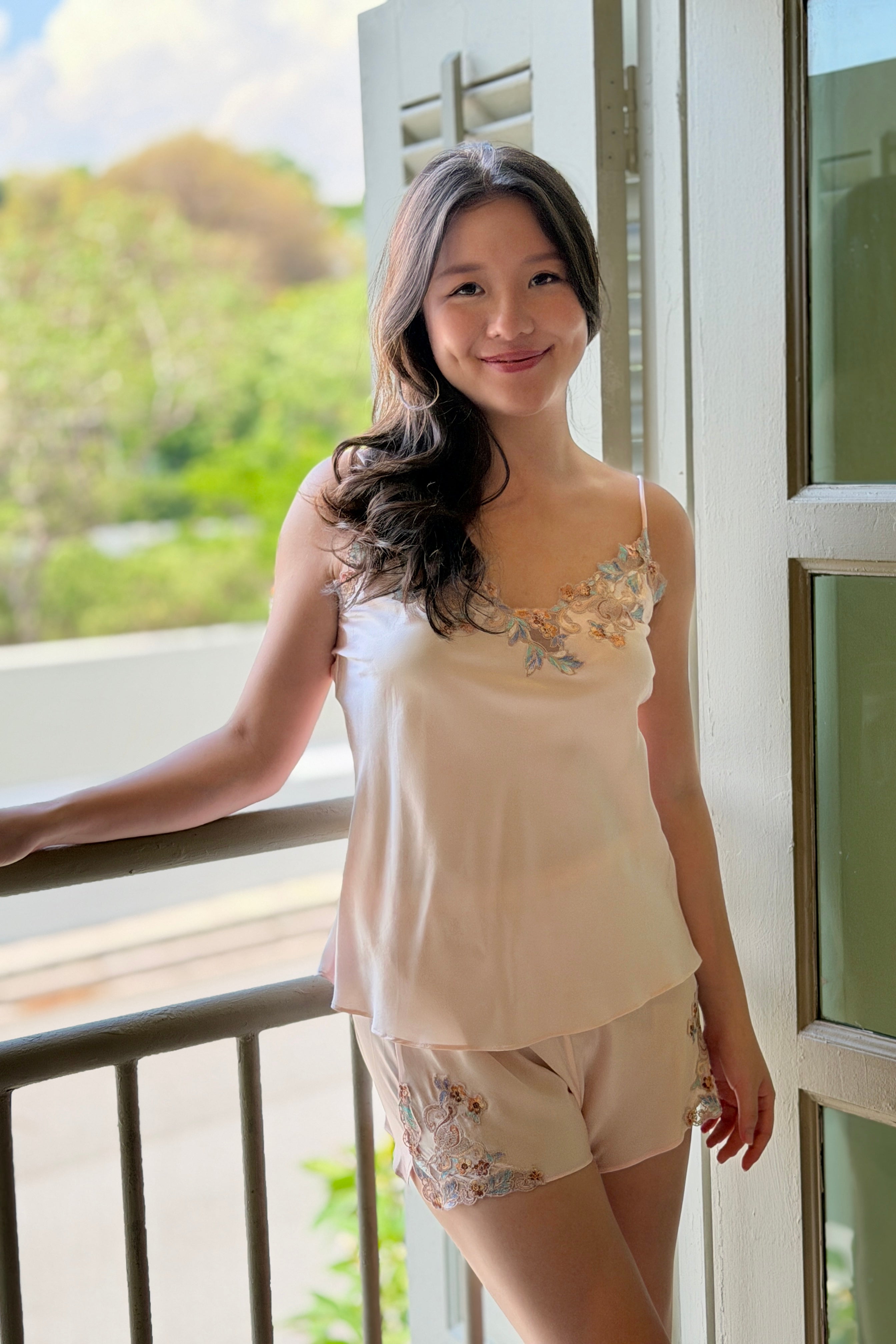 Florentine Mulberry Silk Cami Set (Rose) - Bells & Birds