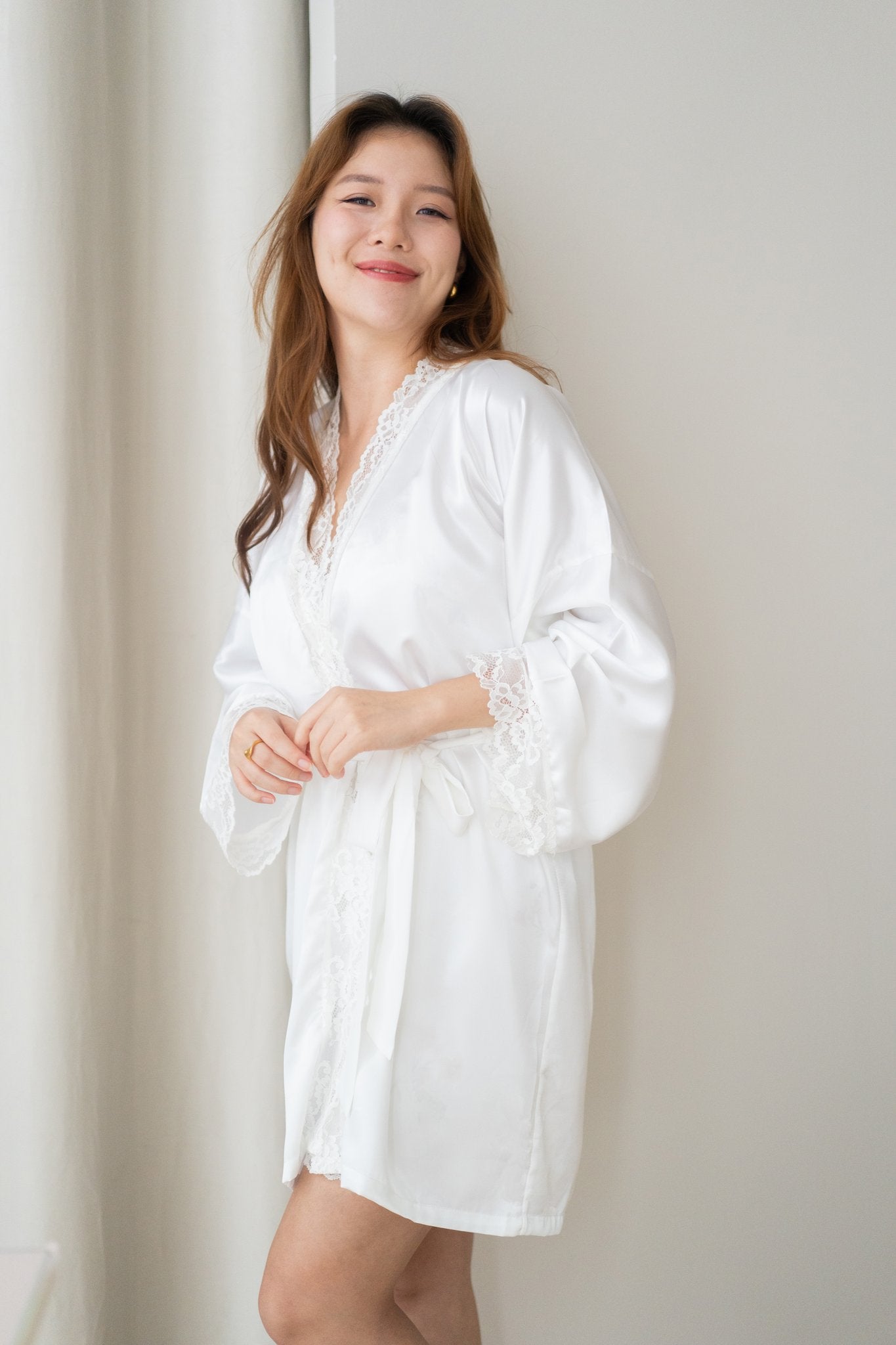 Aimee Lace Trim Silk Robe (White) - Bells & Birds