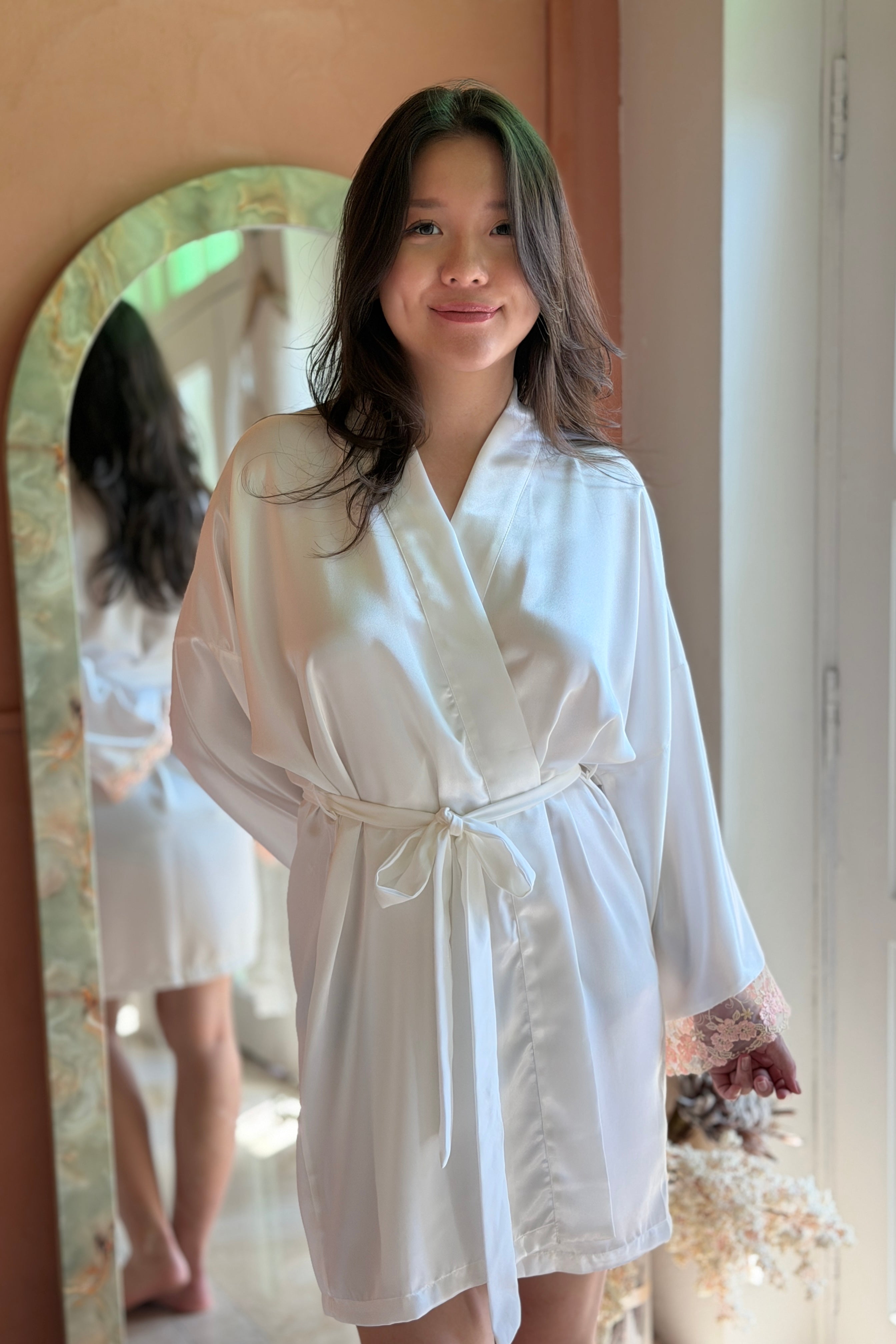 Aimee Lace Trim Silk Robe (Pink) - Bells & Birds