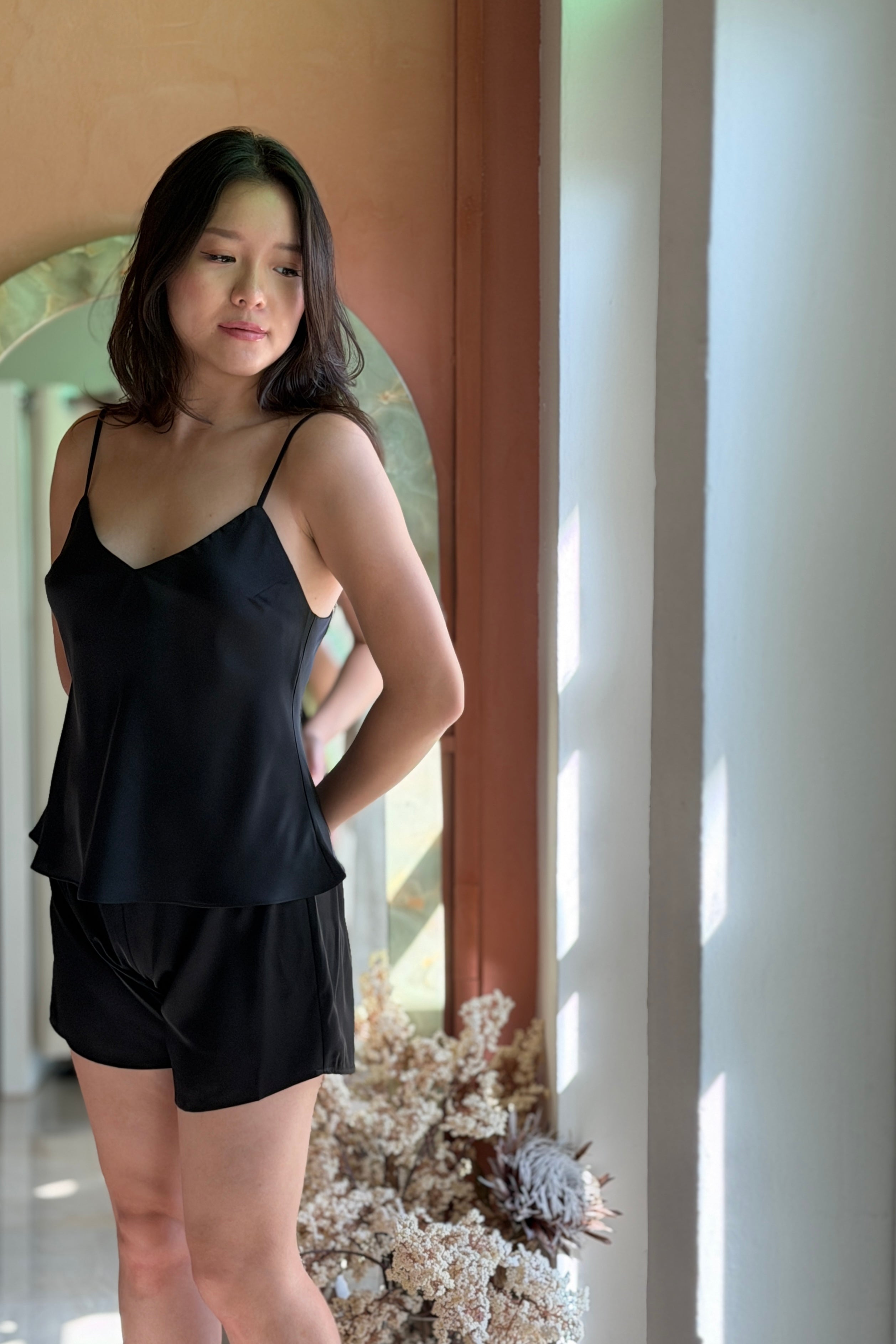 V-Neck Satin Cami Set (Black) - Bells & Birds