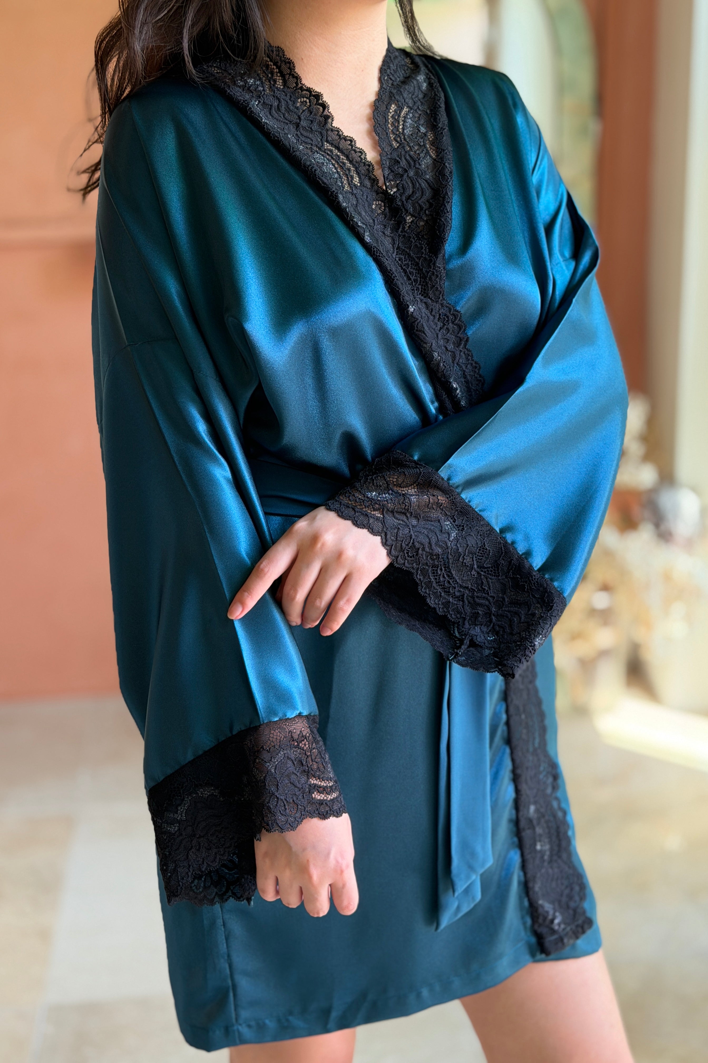 Aimee Silk Robe (Teal) - Bells & Birds