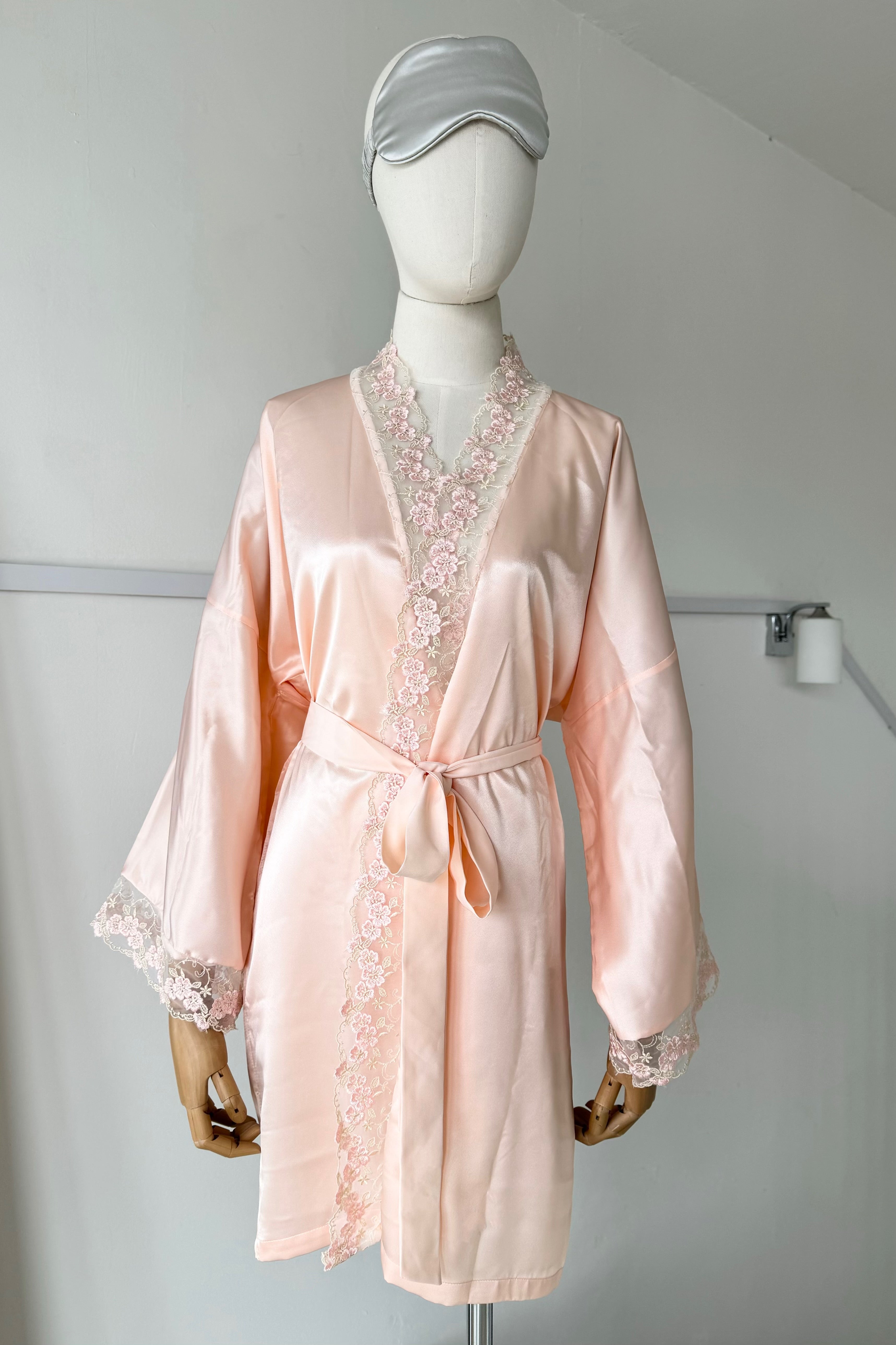 Aimee Lace Trim Silk Robe (Peach) - Bells & Birds