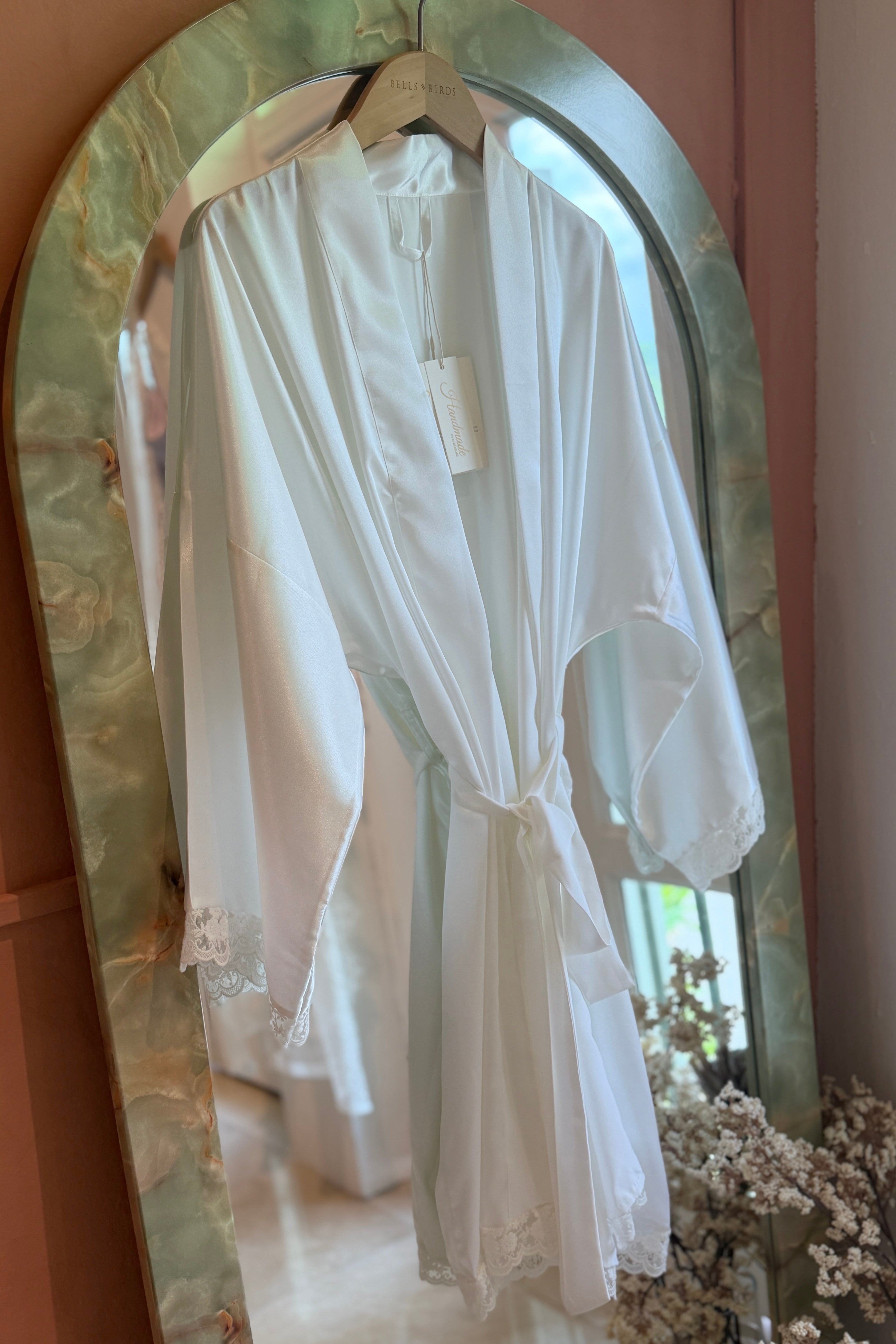 Aimee Lace Trim Silk Robe (White) - Bells & Birds