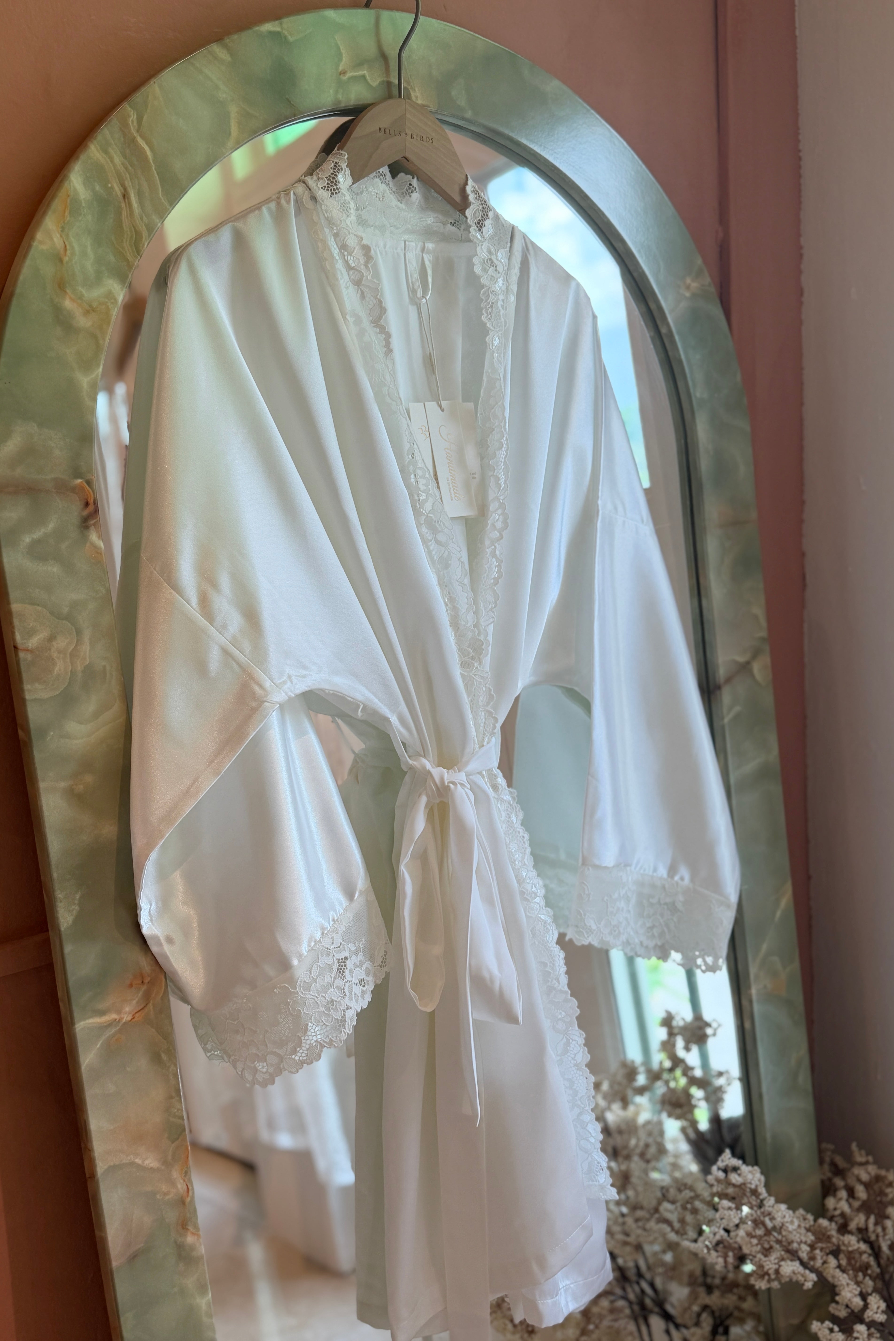 Aimee Lace Trim Silk Robe (White) - Bells & Birds