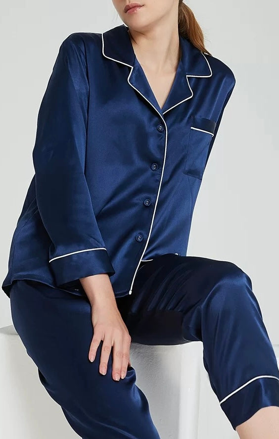 Mulberry Silk Pants Pyjamas (Navy)