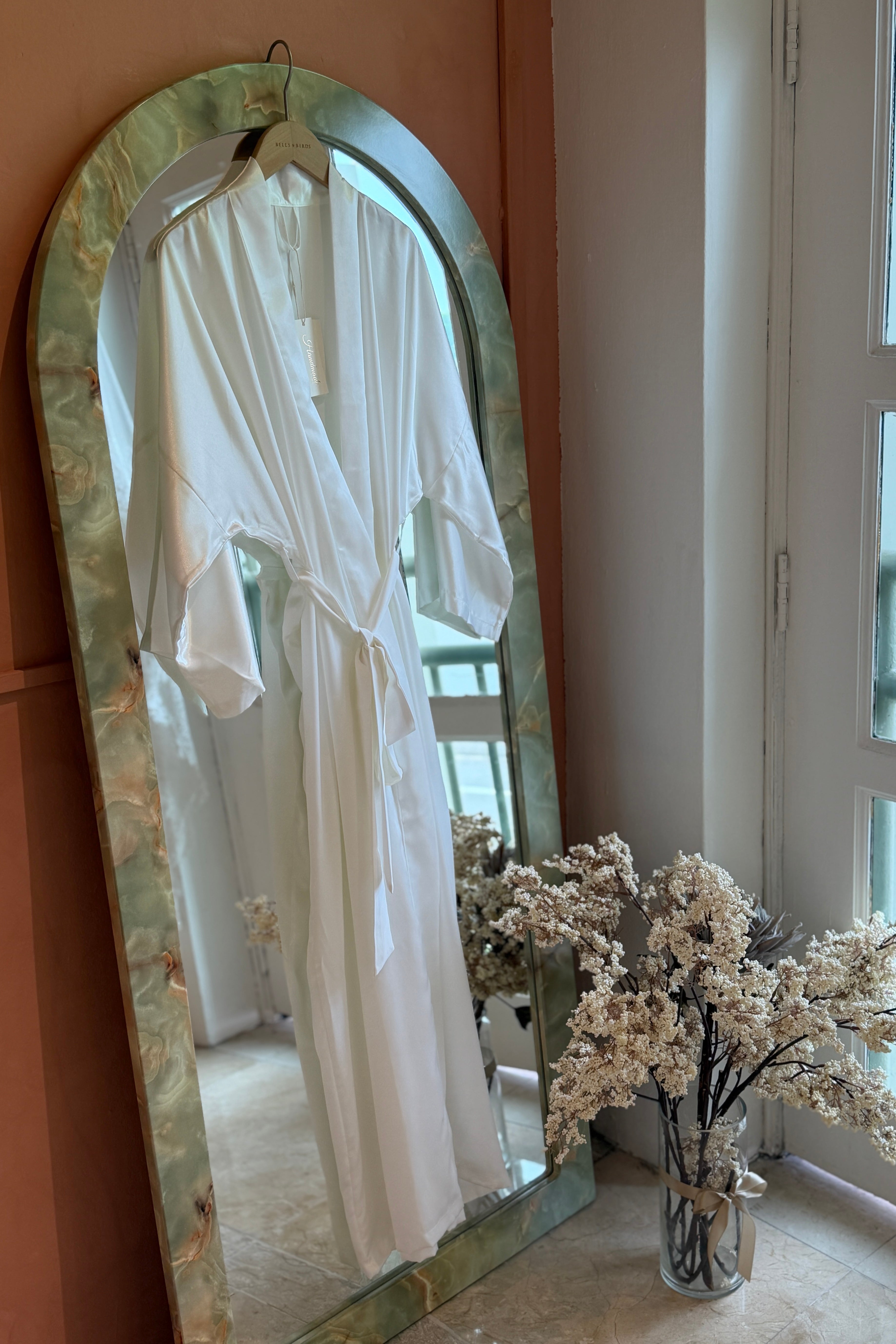 Maxi Silk Robe (White) - Bells & Birds