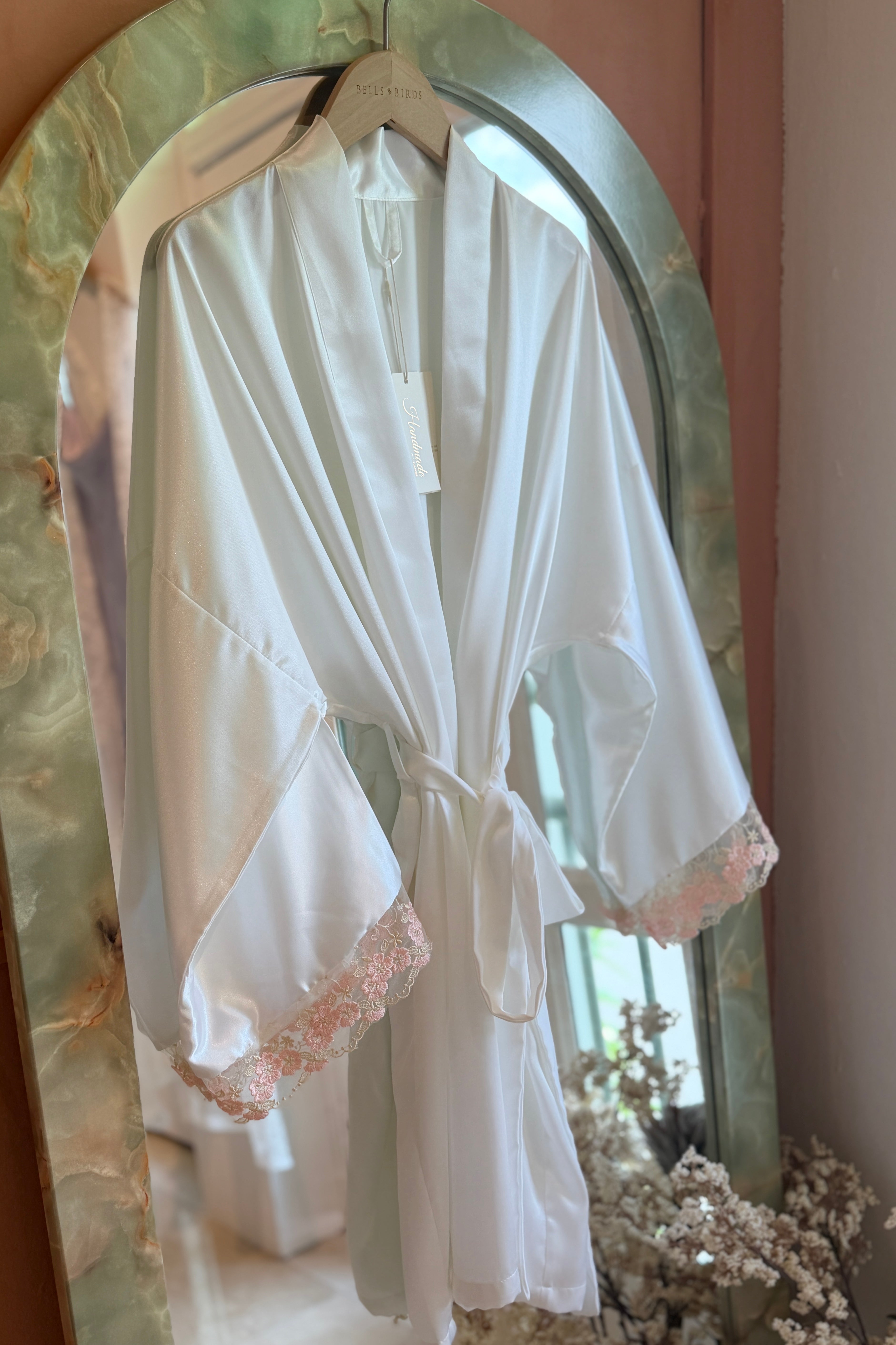 Aimee Lace Trim Silk Robe (Pink)
