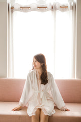 Aimee Lace Trim Silk Robe (White) - Bells & Birds