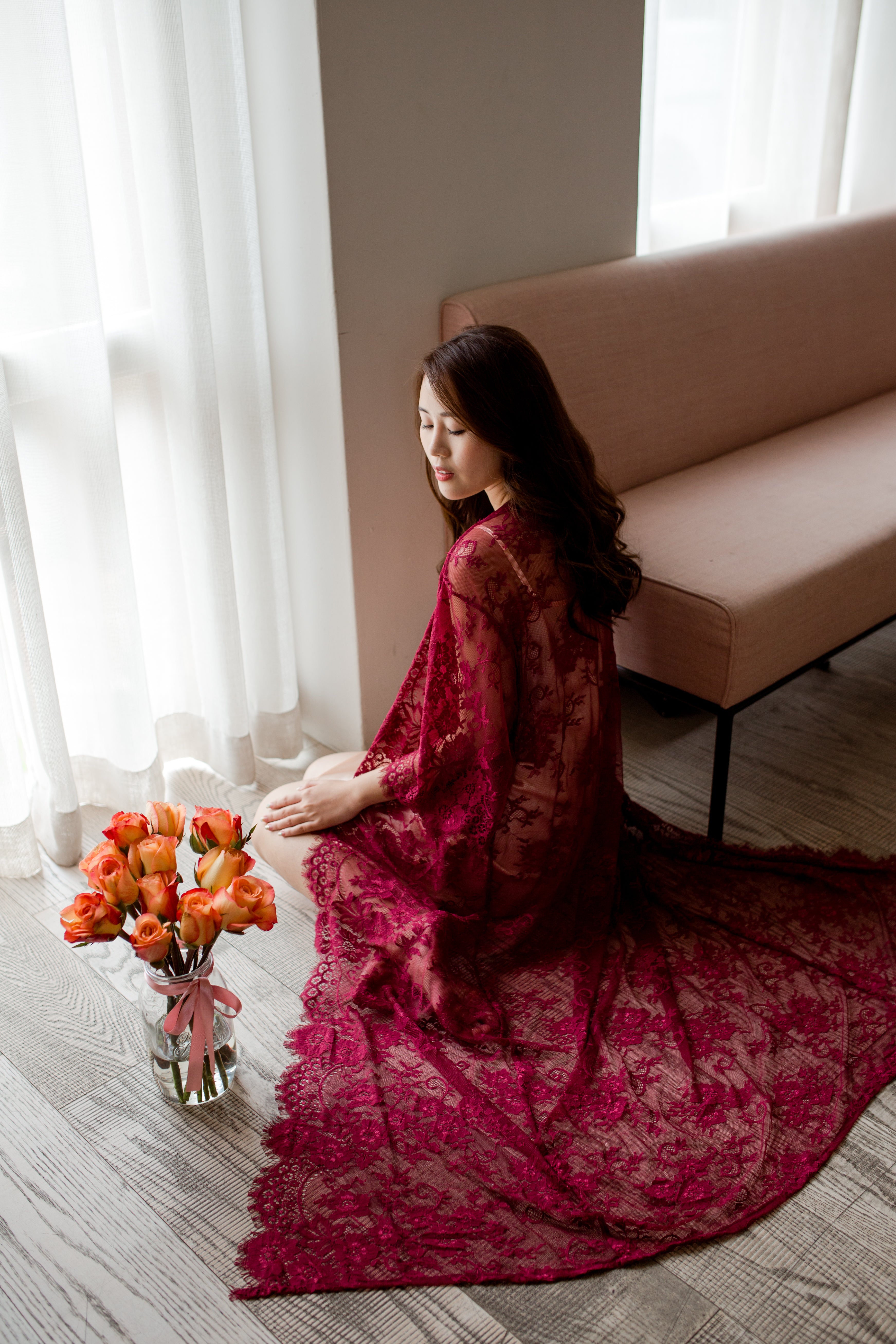 Ever After Lace Maxi Robe (Wine Red) - Bells & Birds